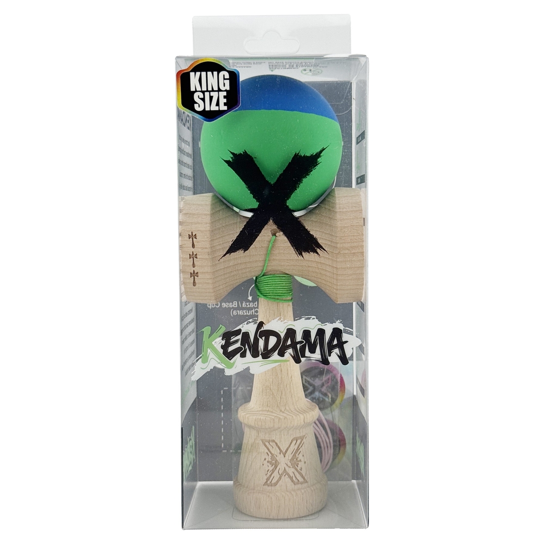 Kendama X Originala, Profesionala, Flippy, Rubber Grip, Cupe Mari KING SIZE V3, Gaura in Baza, Rulment Metalic, din lemn 18 cm, Ata 62/65 cm, Bicolor Albastru/Verde