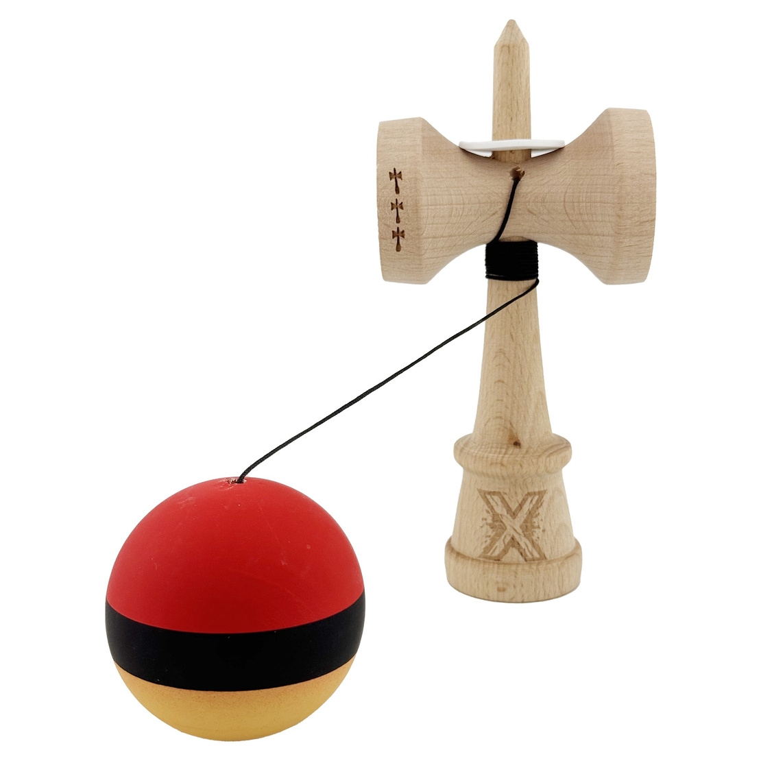 Kendama X Originala, Profesionala, Flippy, Cupe Mari KING SIZE V3, Rubber Grip, Gaura in Baza, Rulment Metalic, din lemn 18 cm, Ata 62/65 cm, M Rosu/Negru/Galben