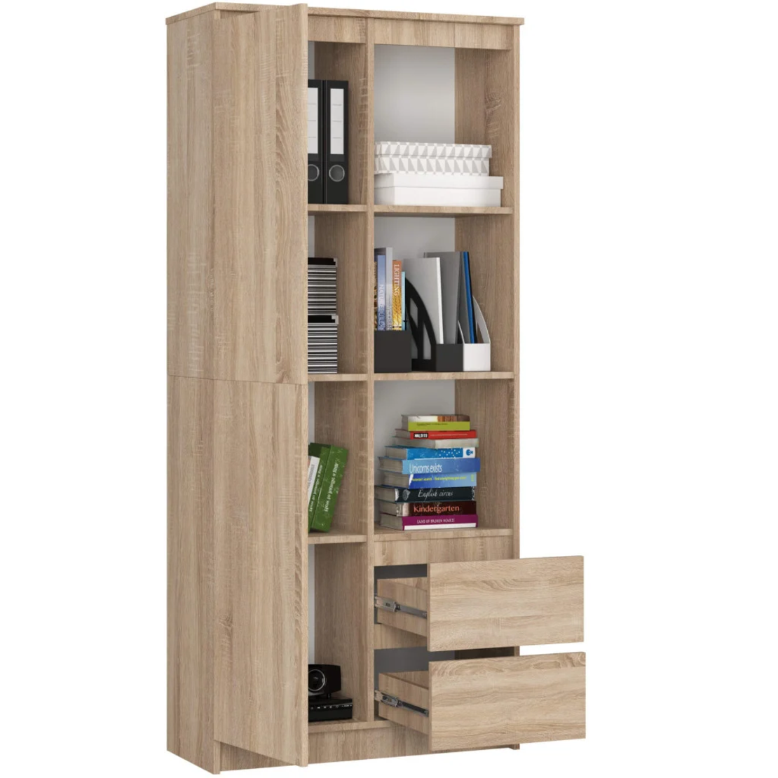 Dulap cu usa, 2 sertare si 7 rafturi, PAL laminat 16 mm, 80x35x180 cm, sonoma