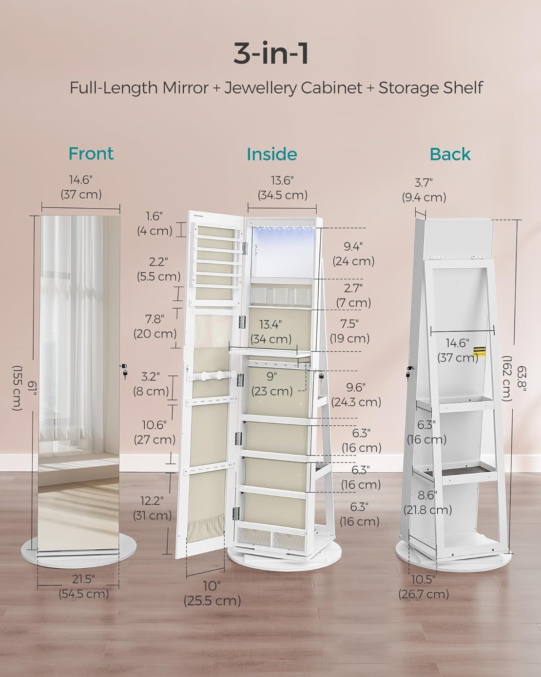 SONGMICS Oglinda de podea cu suport rotativ la 360°, cu spatiu de depozitare, material MDF, 55x55x162 cm, alb