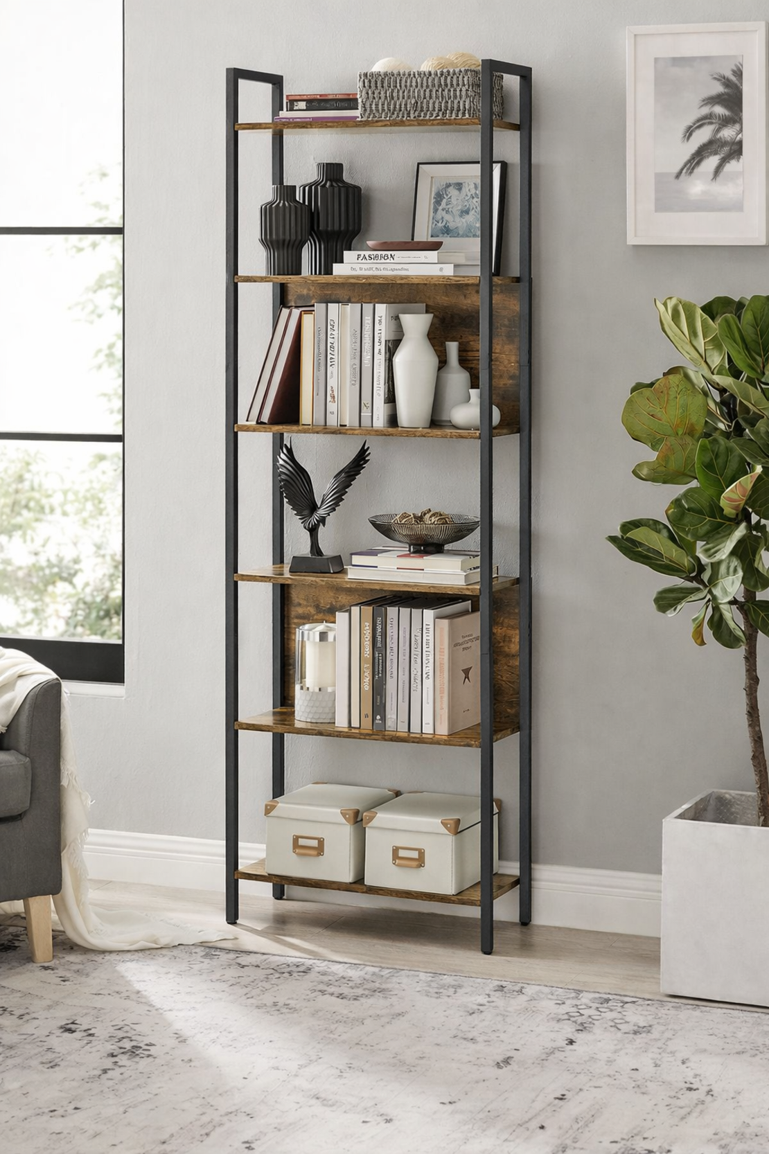 VASAGLE Biblioteca cu 6 rafturi, stil industrial, cadru metalic si PAL, 128x24x187 cm, maro rustic