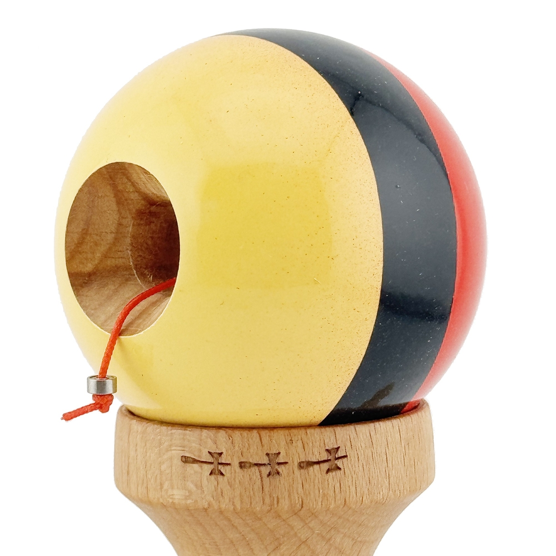 Kendama X Originala, Profesionala, Flippy, Big Cups V2, Super Sticky cu Cupe Mari, Rulment Metalic, din lemn 18 cm, Ata 55 cm, Rosu/Negru/Galben