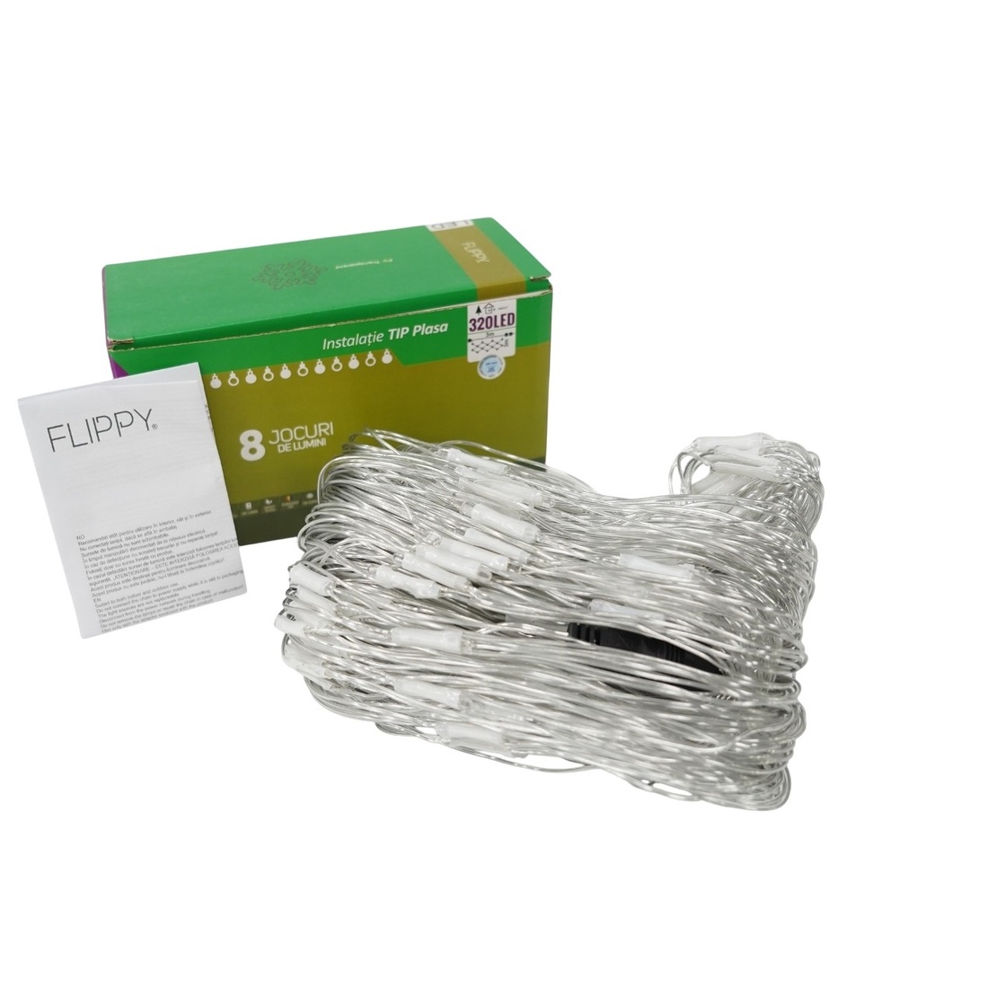 Sectiune Instalatie de Craciun Vafy, Tip Plasa, 320 LED-uri, 3 m x 3 m, 8 jocuri de lumini, Interconectabila, Fir transparent, Alb rece