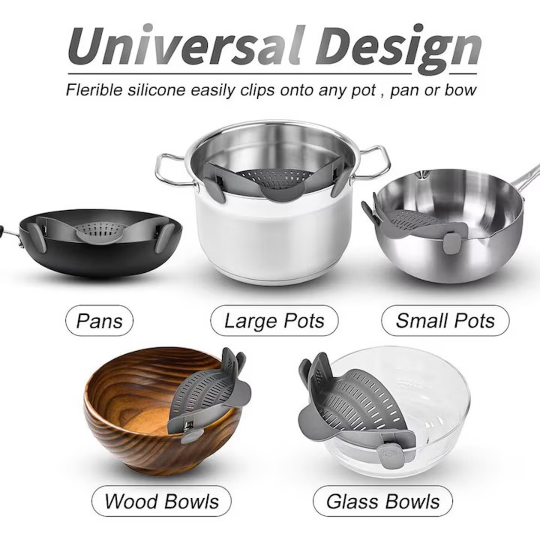 Strecurator Filtru pentru Vase, Vafy, din Silicon Rezistent la Temperaturi Inalte, Universal, Paste, Legume, Fructe, 23x12.5x6.7 cm, Gri