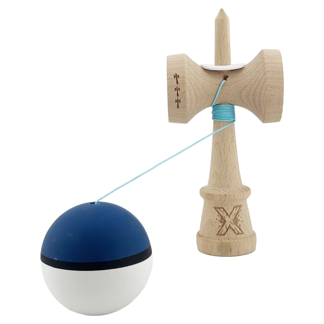 Kendama X Originala, Profesionala, Flippy, Cupe Mari KING SIZE V3, Rubber Grip, Gaura in Baza, Rulment Metalic, din lemn 18 cm, Ata 62/65 cm, S Bicolor Albastru inchis/Alb