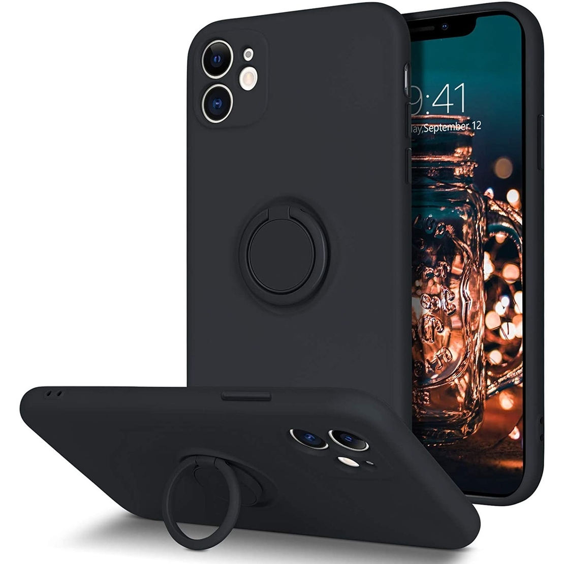 Husa protectie Vafy compatibila cu Apple iPhone 11 Liquid Silicone Ring cu suport rotativ Negru
