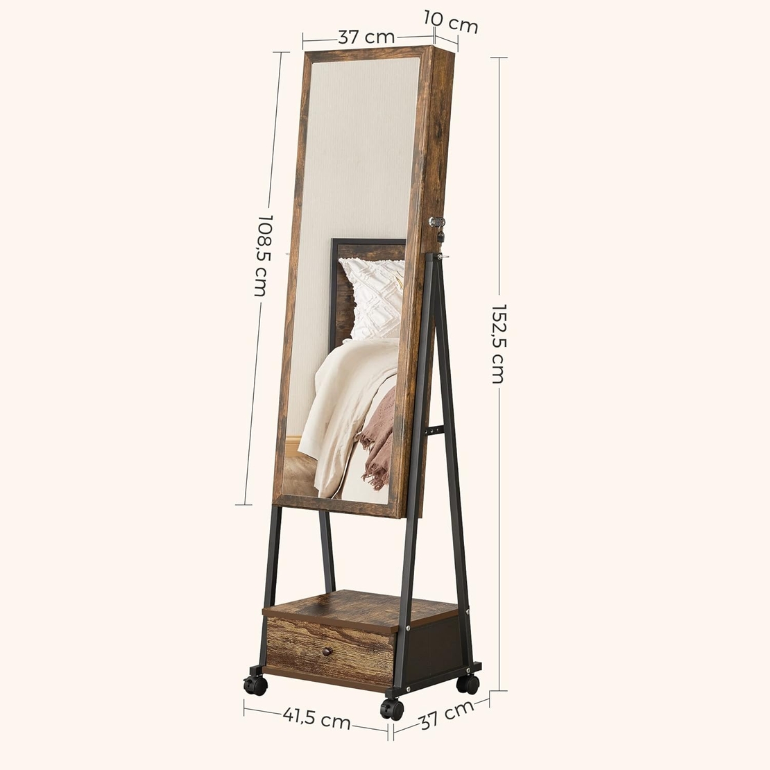 SONGMICS Oglinda de podea cu suport mobil pe roti, spatiu de depozitare, 42x37x153 cm, maro rustic
