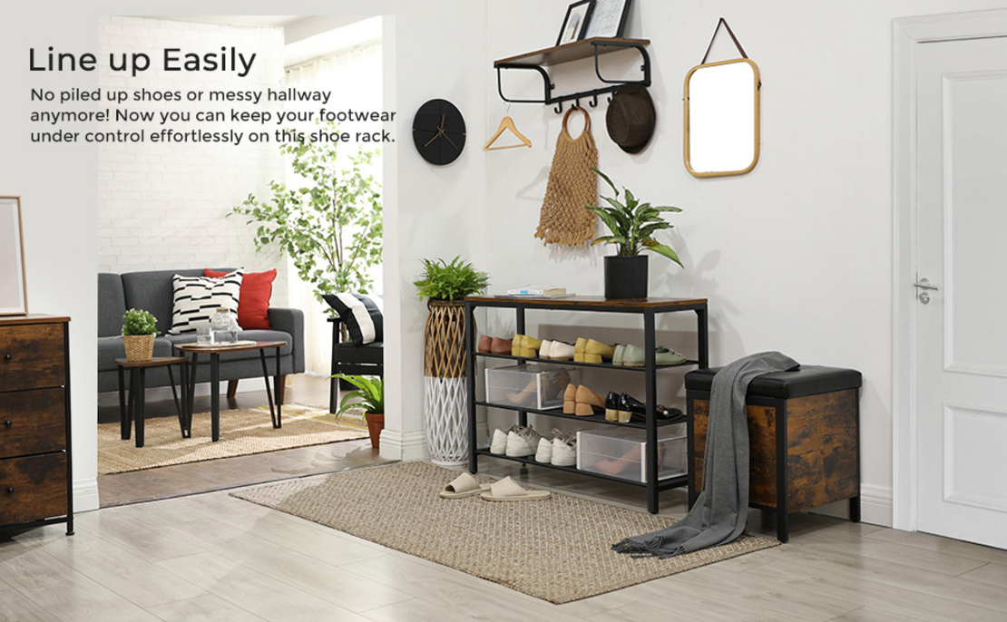 VASAGLE Raft pentru pantofi cu 3 polite, 100x30x72cm, otel, stil industrial, maro rustic si negru