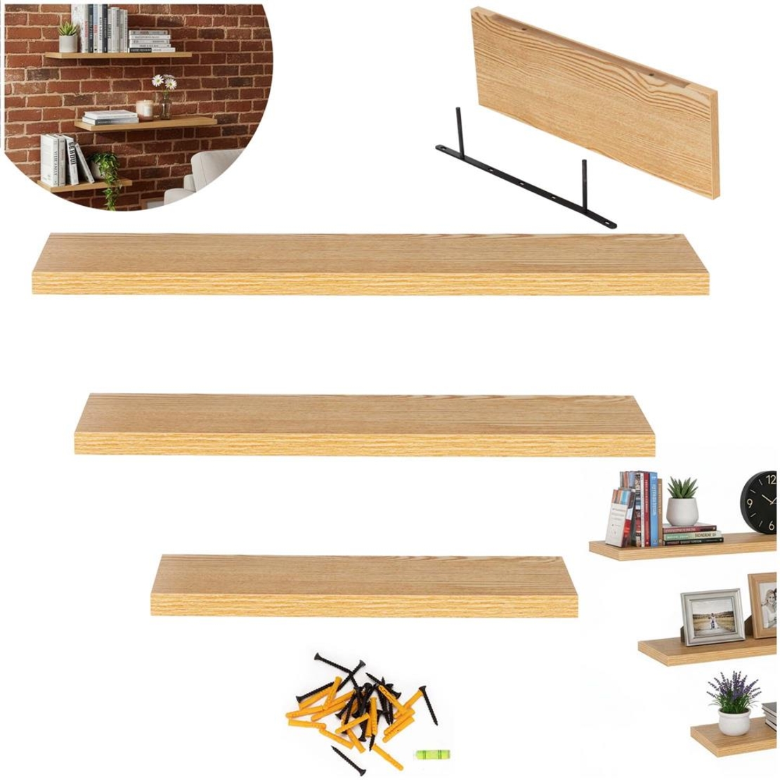 Set 3 rafturi plutitoare decorative de perete, din MDF cu suport metalic, 30, 45 si 60 cm, maro