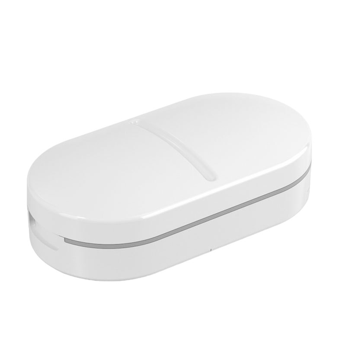 Organizator medicamente, Flippy, Dispozitiv Taiere/Sfaramare Pastile, Ideala pentru Calatorii, Portabila, Perie pentru Curatare, Compartiment depozitare, 8.5x4.5x2.5 cm, Alb