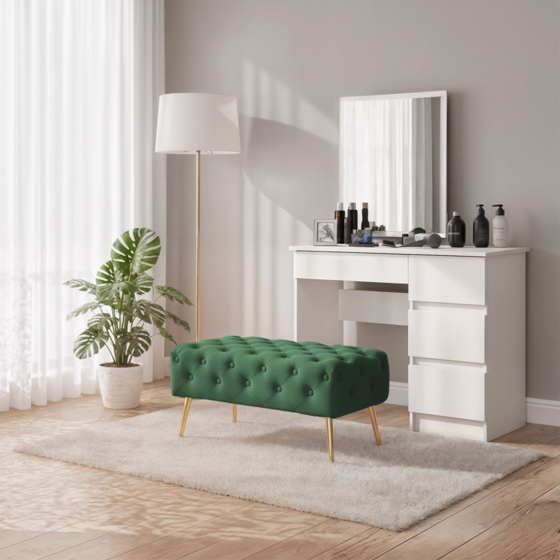 Taburet Madrid, tapitat cu catifea, tip banca, cu picioare metalice, 80x42x41 cm, verde