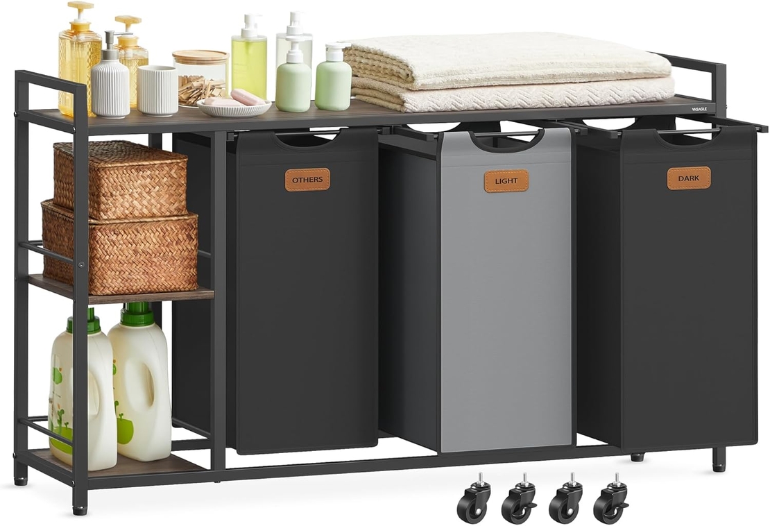 VASAGLE Cos de rufe cu rafturi si roti, 3 compartimente cu saci de rufe detasabili, 3x50 litri, 117x33x81 cm, maro si negru
