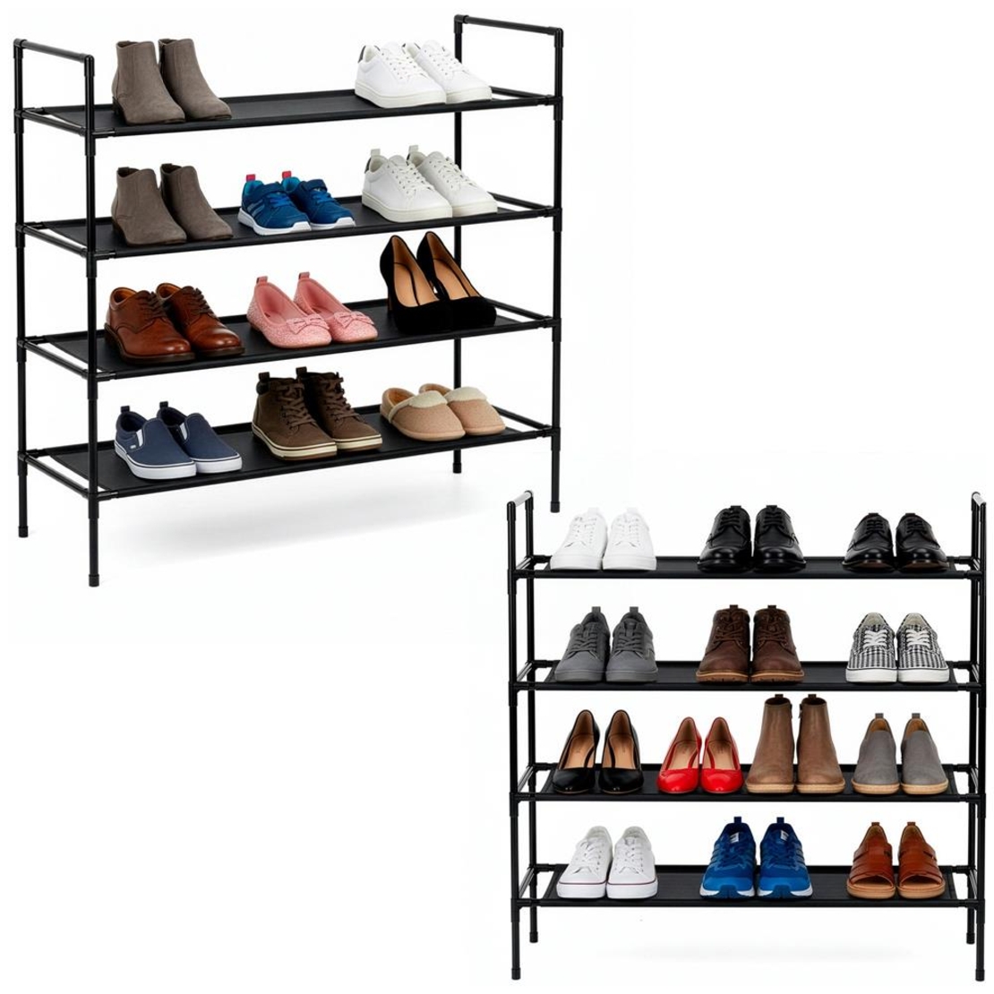 Raft pantofi cu 4 polite, structura metalica si rafturi textile, 72x28x75 cm, negru