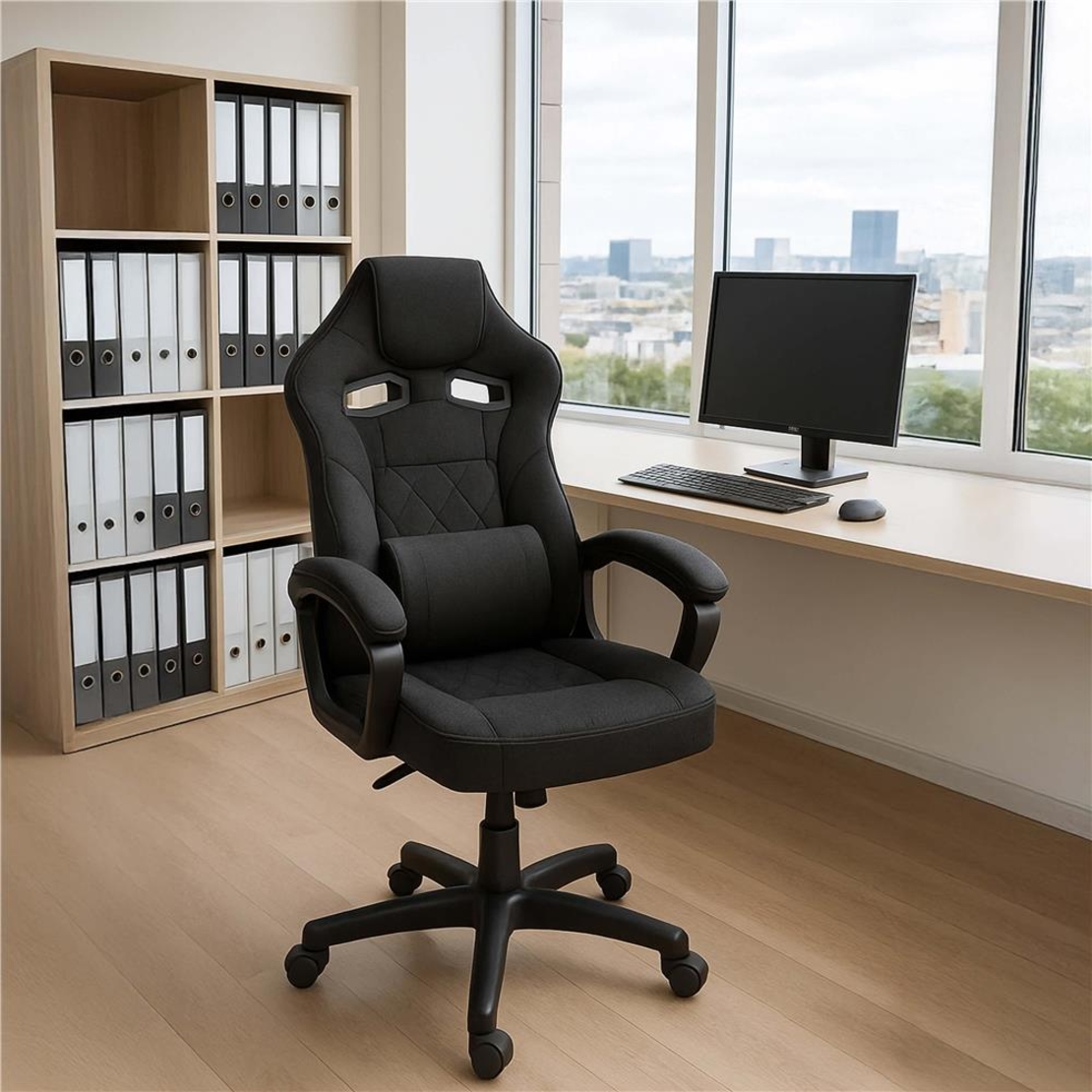 Scaun de birou ergonomic cu reglaj pe inaltime, functie de balans si perna lombara, 59x52x125 cm, negru