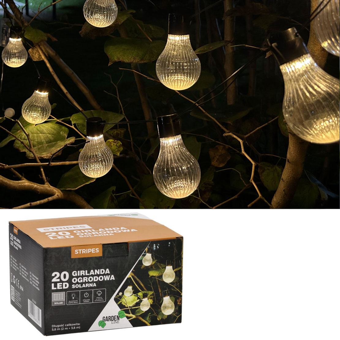 Ghirlanda luminoasa, LED, model Stripes, 20 becuri, 580cm, incarcare solara, lumina alb cald