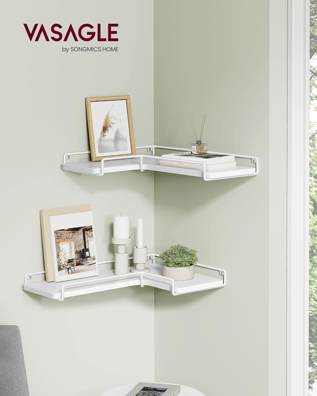 VASAGLE Set de 2 rafturi plutitoare de colt in forma de L, stil industrial, 40x29x14cm, alb