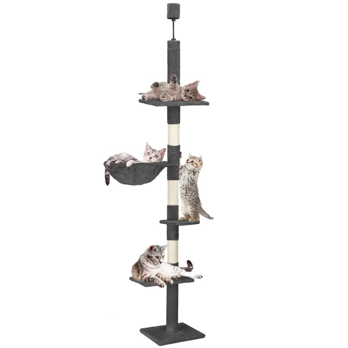 Ansamblu de joaca pentru pisici, tip stalp de catarat pana la tavan, inaltime reglabila, 240 - 265 cm, gri inchis