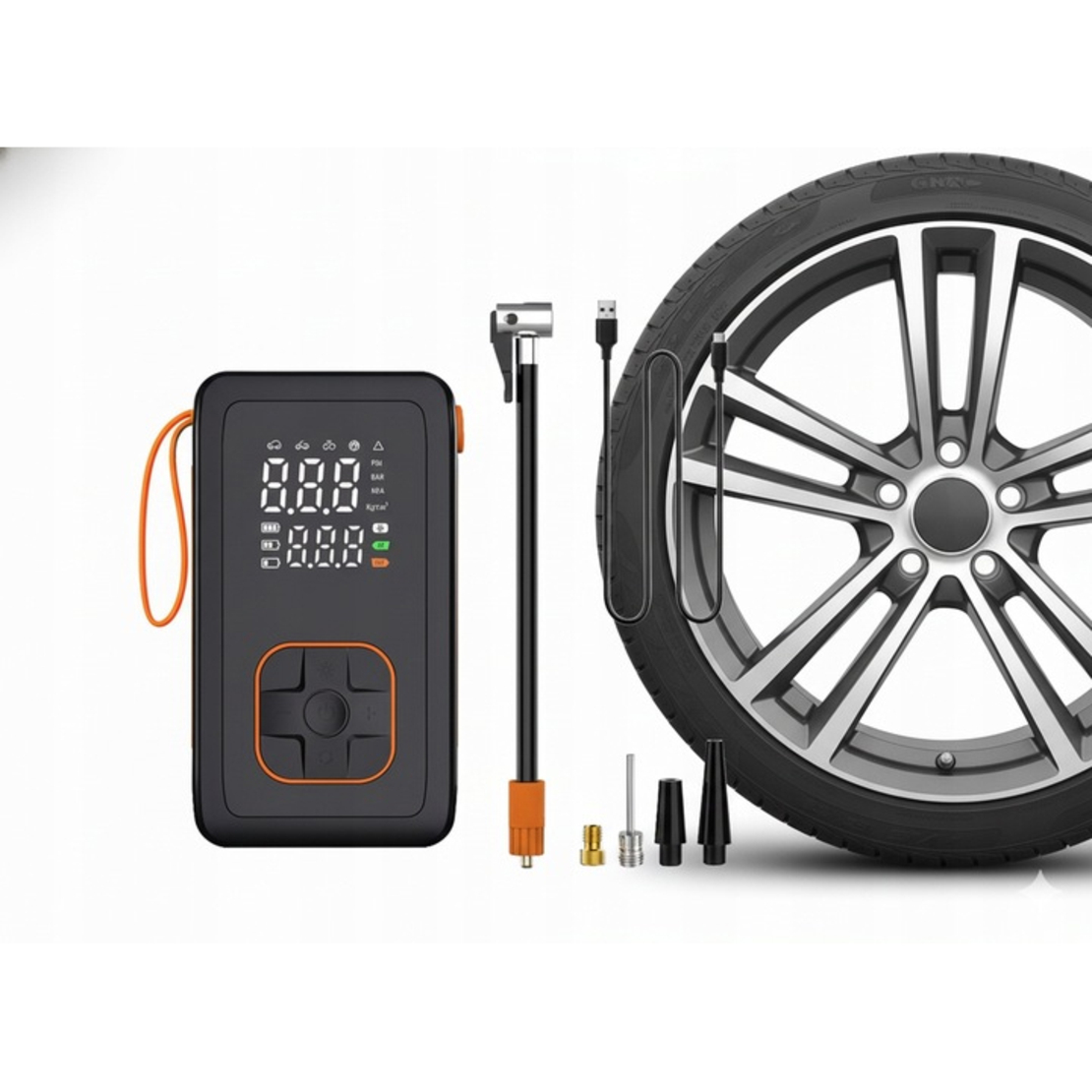 Compresor anvelope portabil auto 12V, acumulator 3600 mAh, cu manometru, display LED si functie powerbank, reincarcare USB