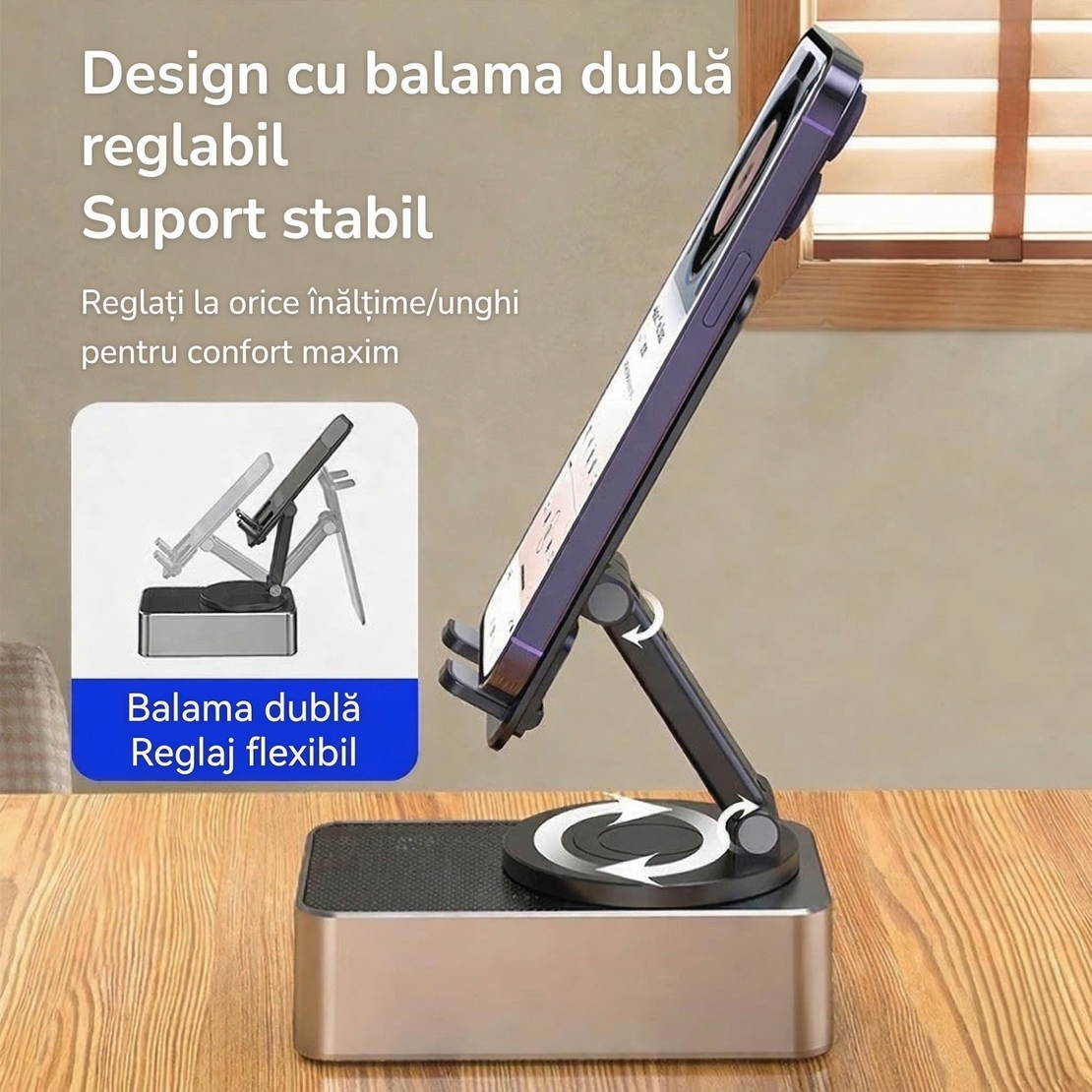 Suport Telefon cu Boxa Bluetooth, Flippy, Wireless, Rotativ 360°, Pliabil, 5 W, Acumulator 1500 mAh, USB Type-C, 12,2 x 7,4 x 5,8 cm, Negru