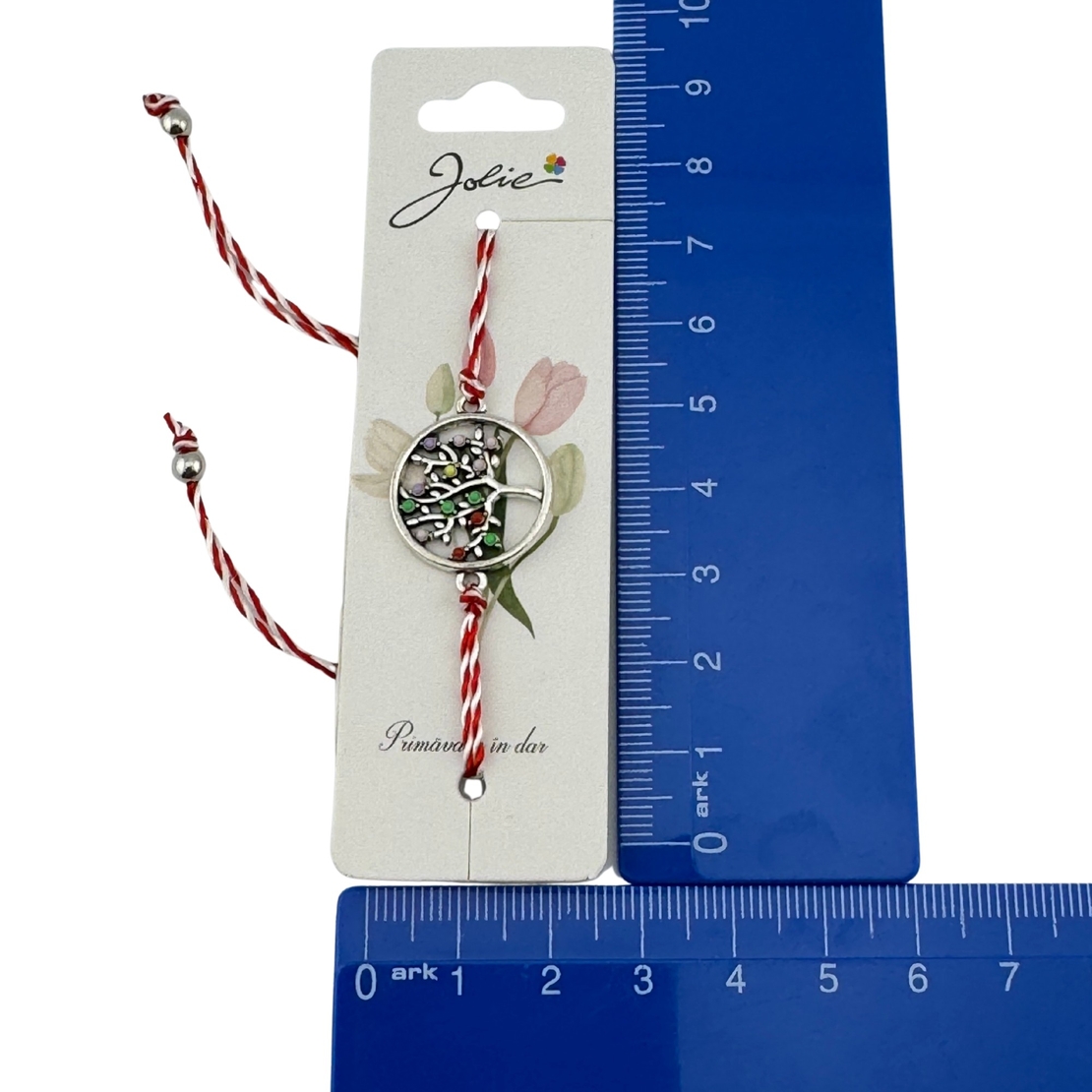 Martisor Bratara Snur Alb-Rosu, Jolie, Pandantiv Metalic, Model Copacul Vietii