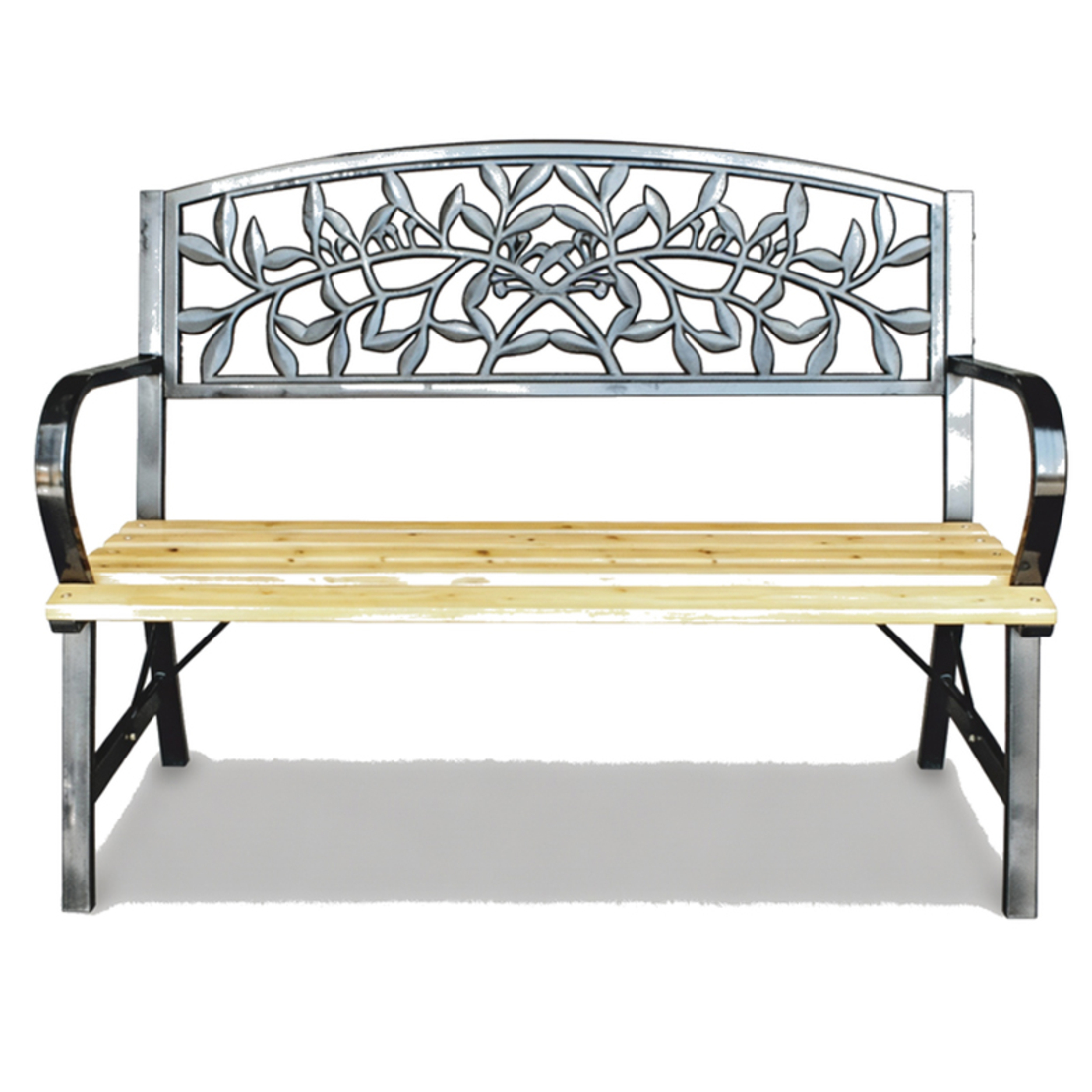 Banca de gradina din lemn si otel cu spatar decorativ model frunze, 120x56x87 cm, negru si maro natur