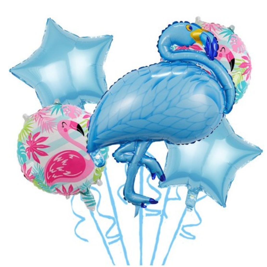 Set Baloane party aniversare, Flippy, din Folie de aluminiu si Latex, set din 5 baloane Flamigo Party cu 2 stele, 2 baloane rotunde, 60 -90 cm, Albastru