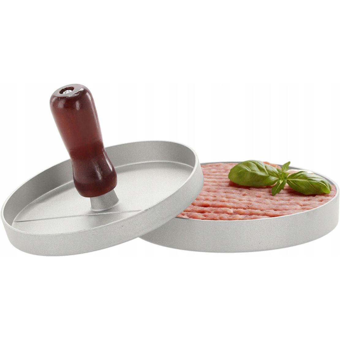 Presa pentru burgeri din aluminiu cu maner din lemn, 12x7 cm, gri