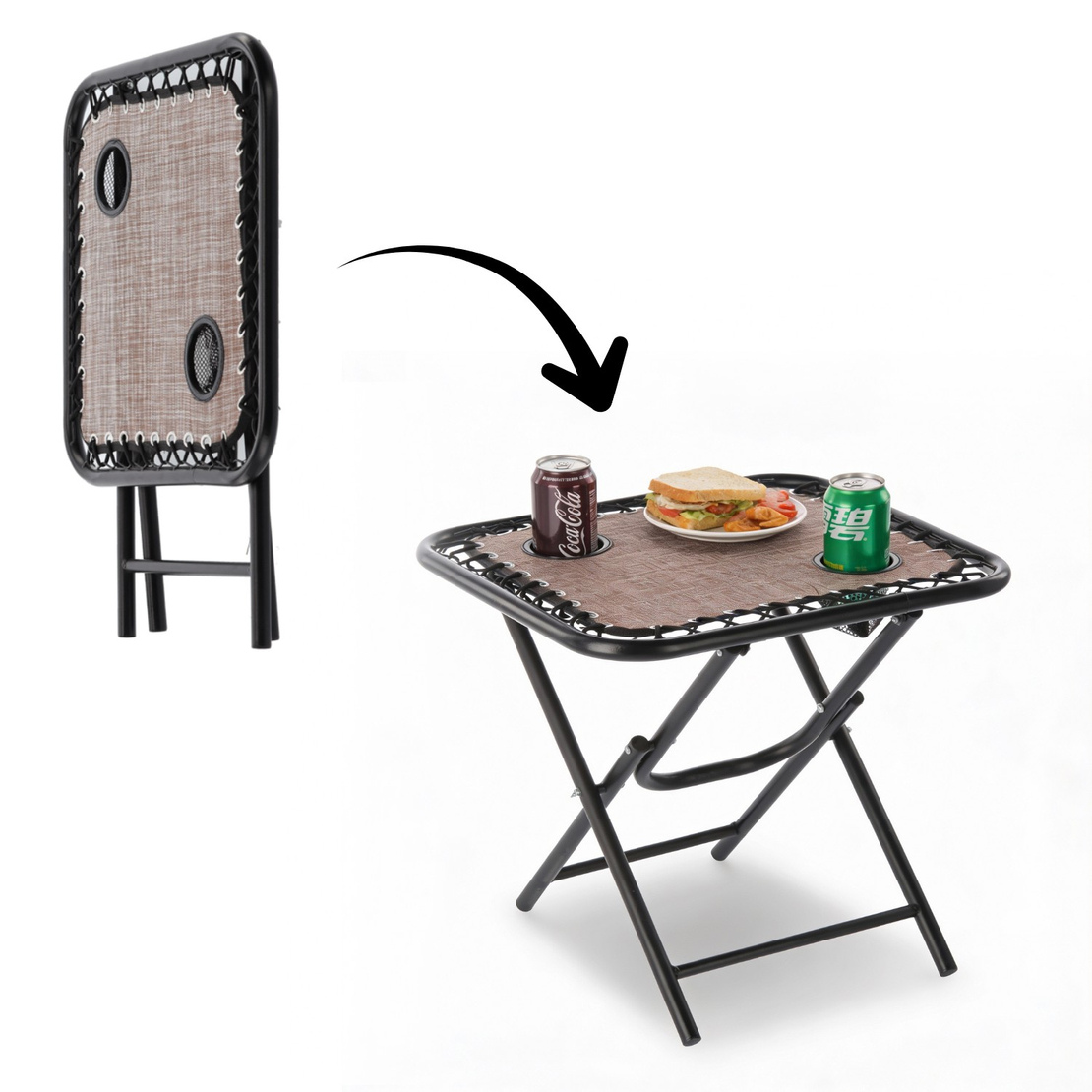 Masa turistica pliabila pentru camping, cu suport pahare, 50x50x50 cm, maro