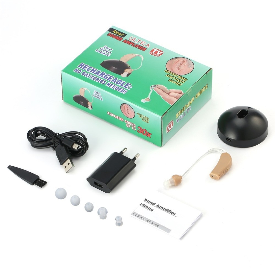 Aparat Auditiv BTE Reincarcabil, Flippy, JZ-1088F, Aparat Auditiv Auxiliar cu Statie de Incarcare, In EAR, Amplificator de Sunet, din ABS Silicon, Bej