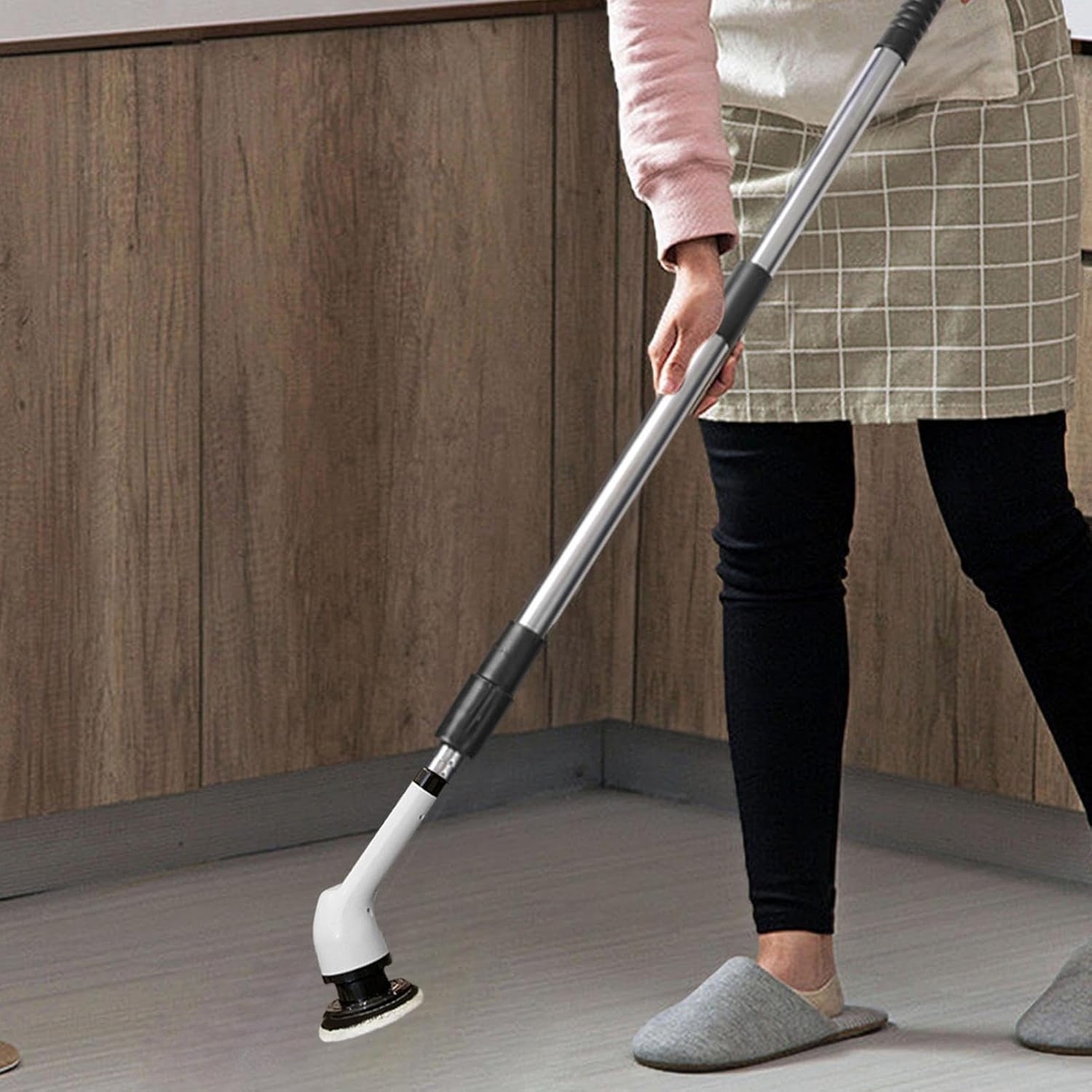 Perie Electrica de Curatare, Flippy, pentru Gresie, Baie, Bucatarie, 25x20x9.5 cm, cu 6 Capete, Maner Extensibil Detasabil 84-127cm, Incarcare USB-Type C, Rotire 360 de Grade, 3000 mAh, Culoare: Alb