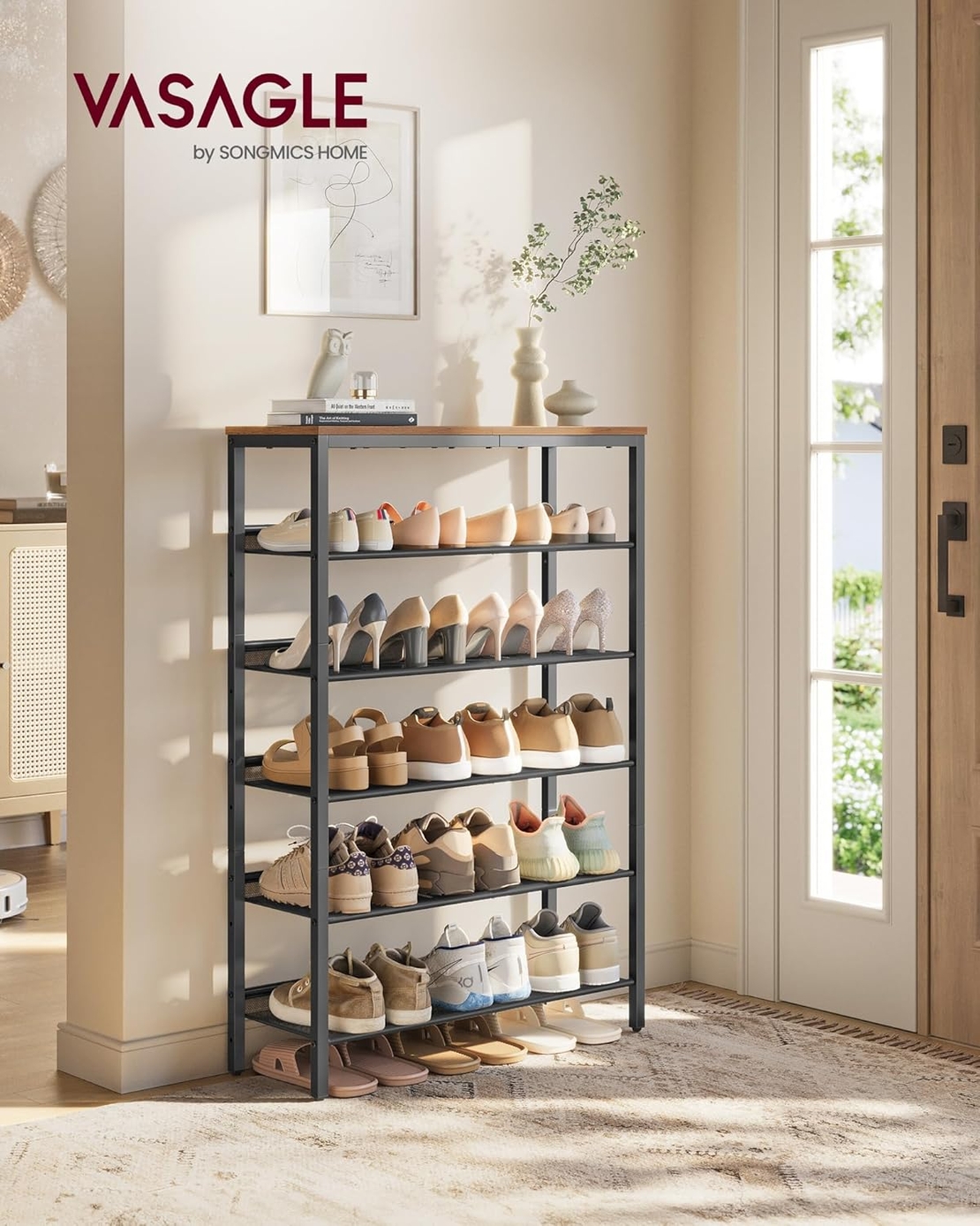 VASAGLE Etajera pantofi 6 niveluri, rafturi metalice reglabile, blat din PAL, stil industrial, 75x28x114 cm, maro rustic