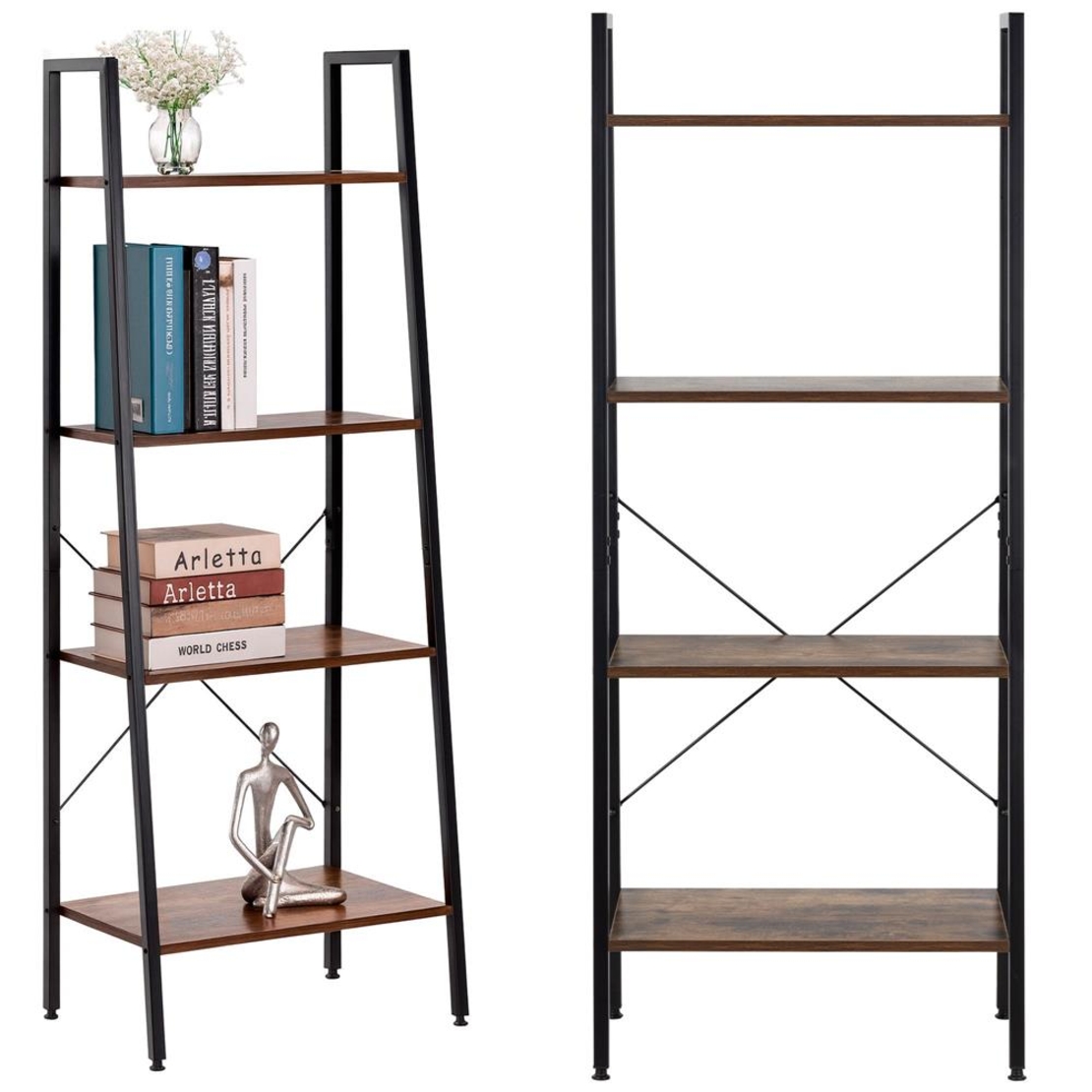 Etajera cu 4 rafturi, metal si MDF, stil industrial, 56x34x138 cm, maro inchis si negru
