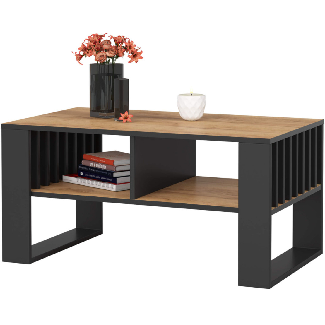 Masuta cafea ROCKFORD, cu blat din PAL, 92x53x45 cm, stejar craft si negru