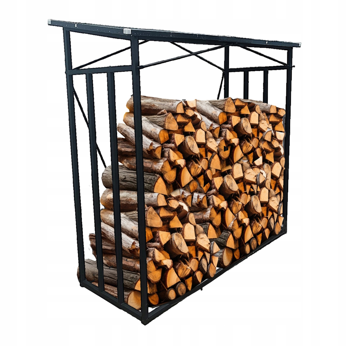 Suport depozitare lemne de foc cu acoperis ondulat, structura metalica, 185x70x185 cm, negru