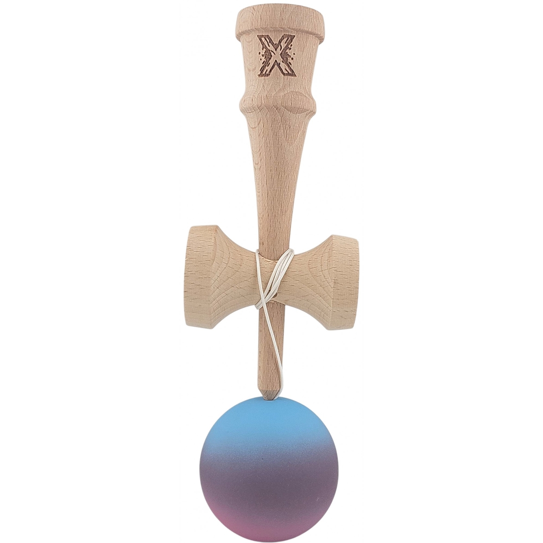 Kendama X Originala, Profesionala, Flippy, din Lemn, 18 cm, Rubber Grip, Gradient Albastru deschis/Mov/Roz