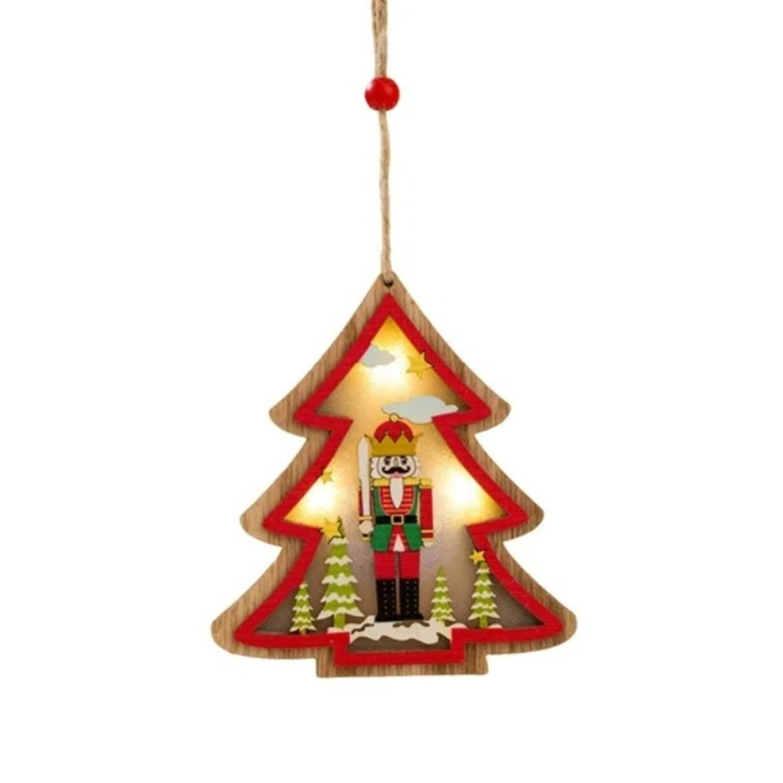 Ornament de Brad, Flippy, cu Lumini LED, din Lemn, Figurina Spargatorul de Nuci, Model Brad, Multicolor