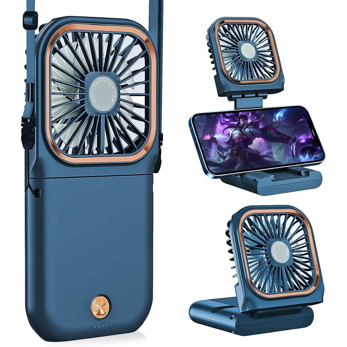 Ventilator Portabil Vafy, 3 in 1, de Mana, de Gat, de Birou, 16.7 x 8 x 1.9 cm, 3 Trepte de Viteza, Incarcare USB, Pliabil, Afisaj Digital, Suport Telefon, Albastru