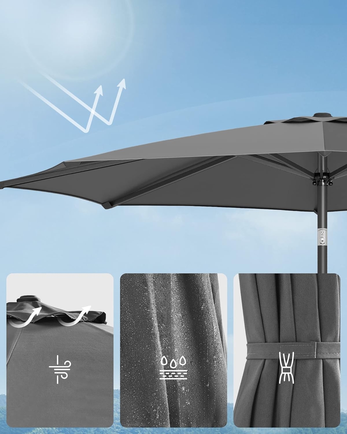 SONGMICS Umbrela de gradina cu manivela, 330 cm, UPF 50+, inclinare 30°, structura metalica cu 8 spite, gri