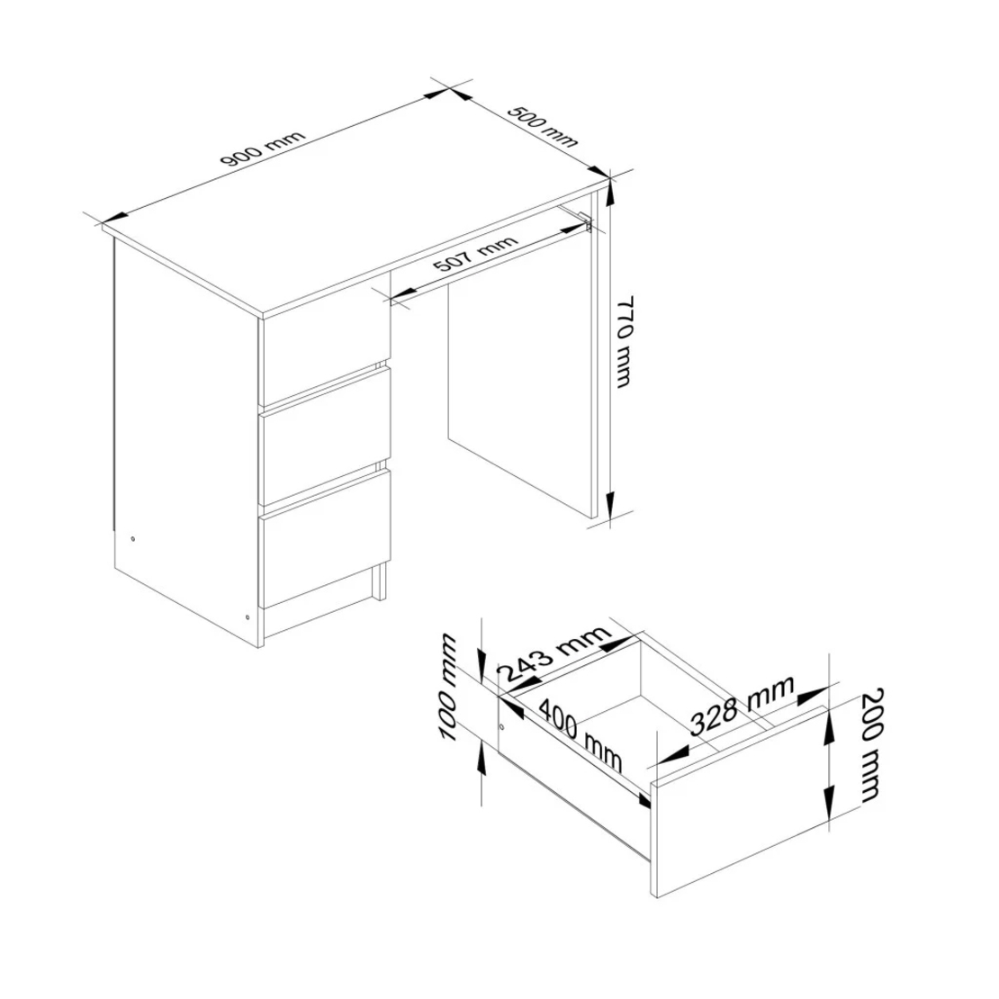Birou computer cu 3 sertare si raft pentru tastatura, stanga, 90x50x77 cm, alb