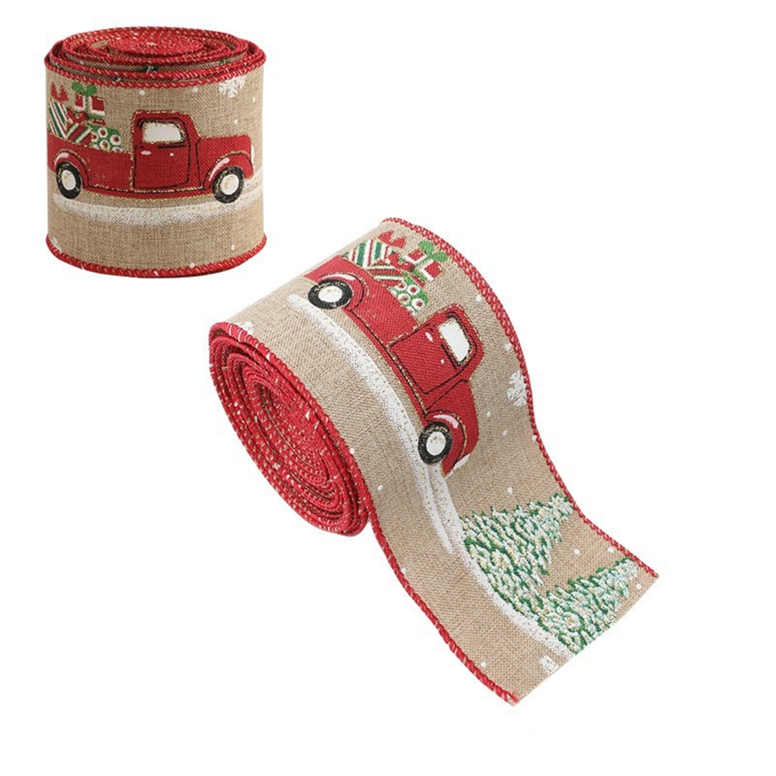 Panglica Decorativa pentru Craciun, Flippy, Ornament pentru Brad de Craciun, Pretreceri, Panglica cu Design Masina Rosie, 200 x 6.3 cm, Khaki