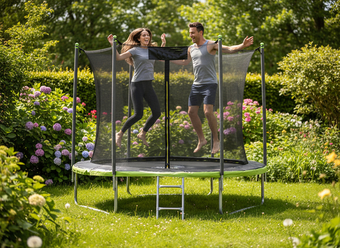 Trambulina gradina 252 cm cu scara si plasa interioara, maxim 100 kg, verde