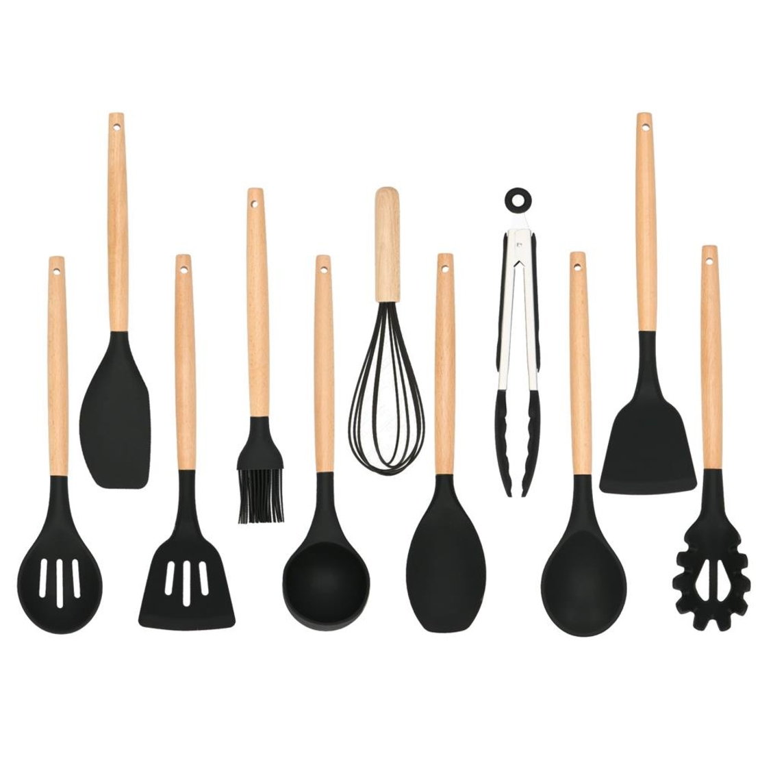 Set Sersimo 12 ustensile de bucatarie din silicon termorezistent si maner din bambus, negru