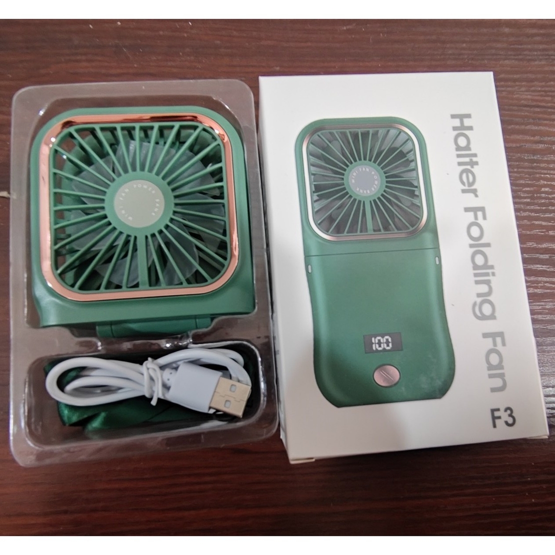 Ventilator Portabil Vafy, 3 in 1, de Mana, de Gat, de Birou, 16.7 x 8 x 1.9 cm, 3 Trepte de Viteza, Incarcare USB, Pliabil, Afisaj Digital, Suport Telefon, Verde