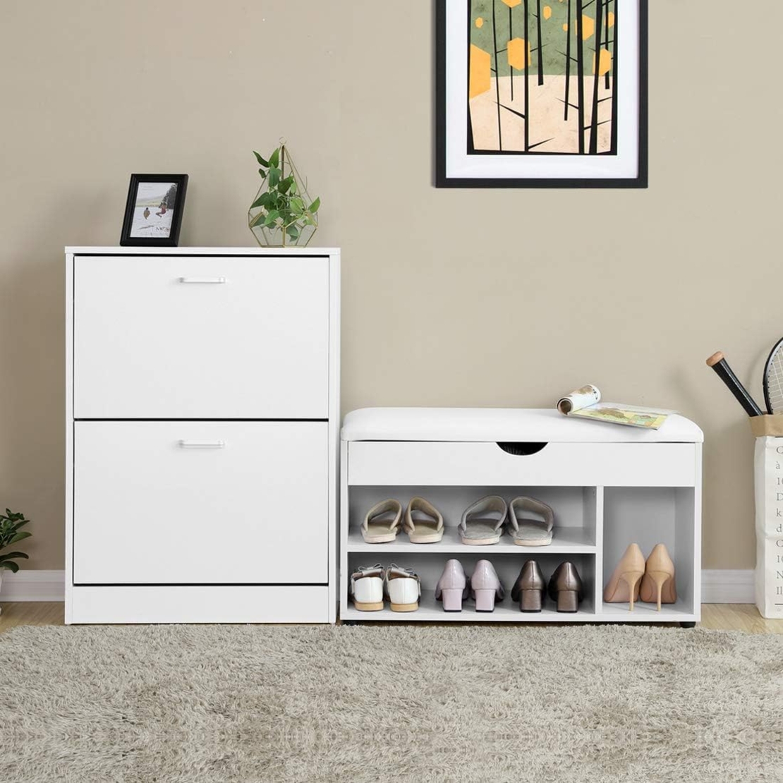 VASAGLE Dulap pantofi cu 2 usi rabatabile, din MDF, pentru 8-12 perechi, 60x24x84cm, alb