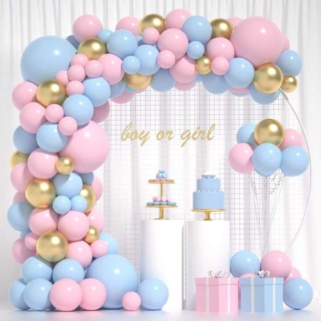 Baloane decorative pentru BABY SHOWER, Flippy, Arcada Set 106 baloane din latex, Model Petrecere, Baloane Party, 12 cm, 30 cm, 45 cm, Roz, Albastru, Gold