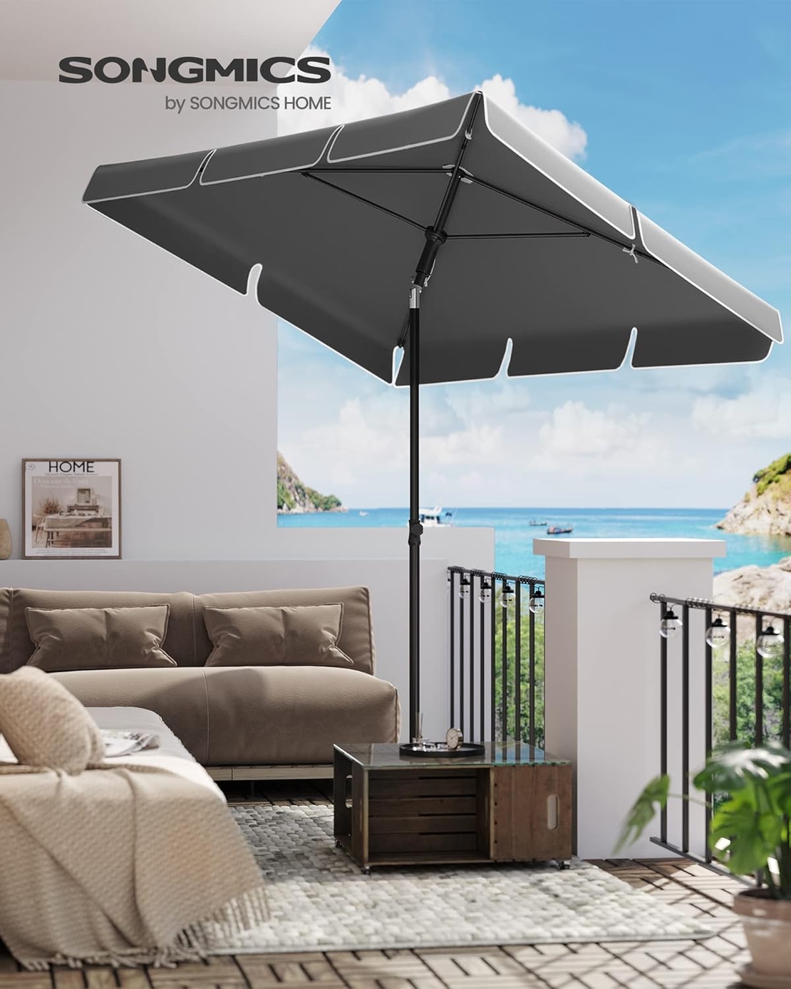SONGMICS Umbrela terasa sau gradina reglabila, inclinare 2 directii, protectie UV UPF 50+, husa inclusa, 230x150 cm, gri