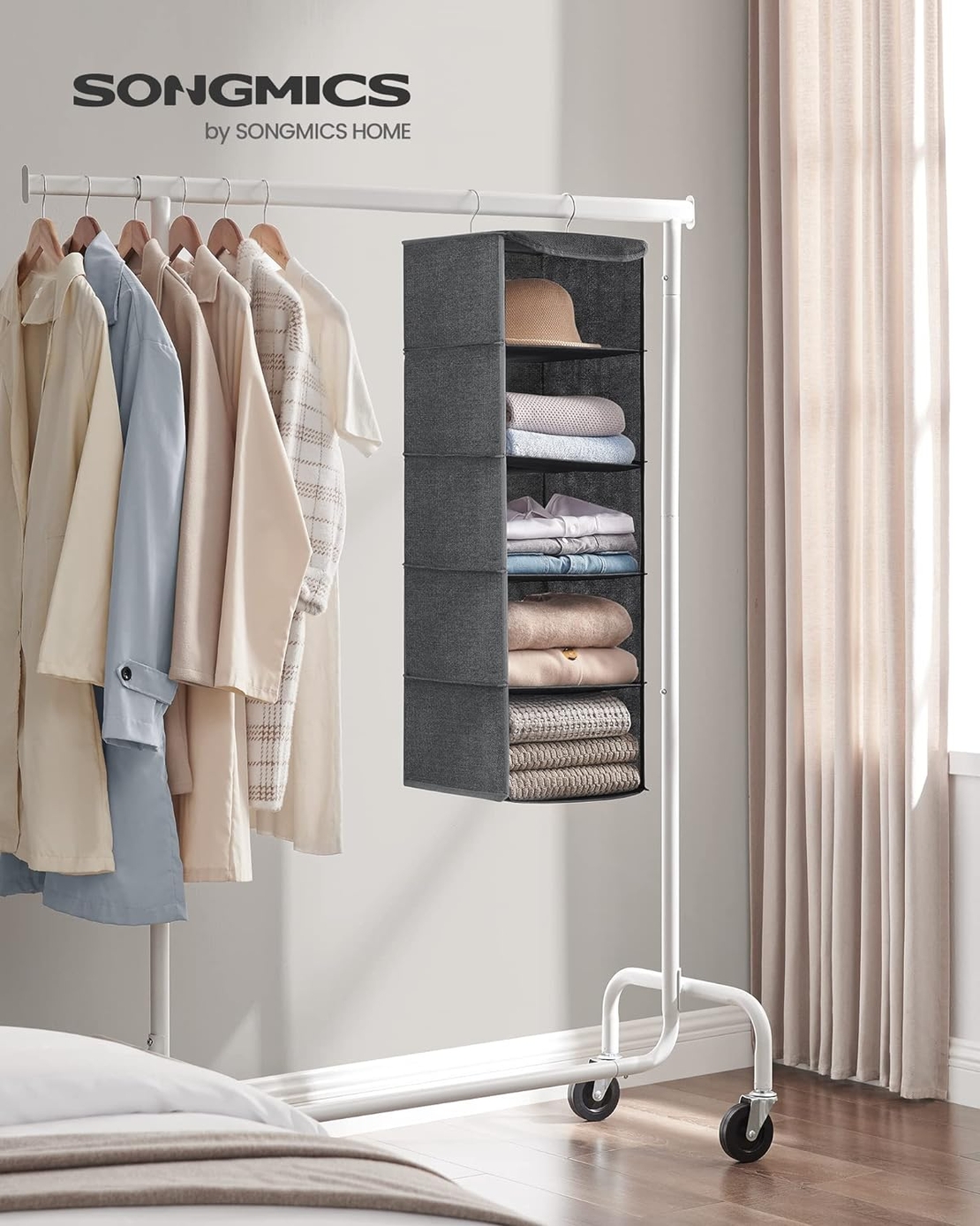 SONGMICS Raft suspendat organizator pentru dulapuri, pliabil, textil, 30x30x90cm, gri