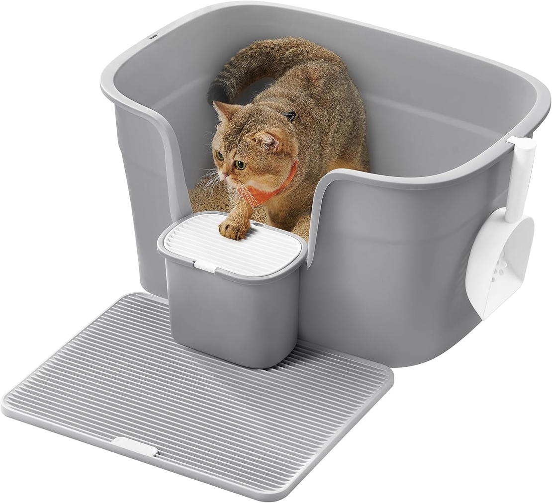 FEANDREA Litiera pisici XL cu pereti inalti, colector de nisip si cutie depozitare, 64x44x33 cm, gri