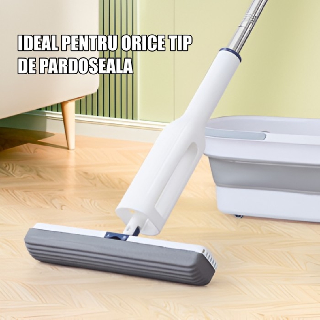 Set Mop Telescopic cu Galeata Pliabila, Flippy, Gri, 32 cm, Maner Reglabil 140 cm, Sistem de Stoarcere Usor si Eficient