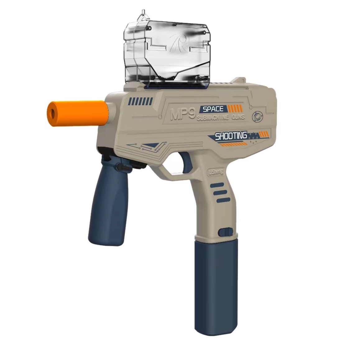 Mitraliera de jucarie electrica Flippy cu bile de hidrogen de gel, gun bluster, tragere in rafala, varsta peste 6 ani, ochelari de protectie, 5000 de bile incluse, cablu de incarcare, 40.1 x 31.6 cm, Mp9, crem